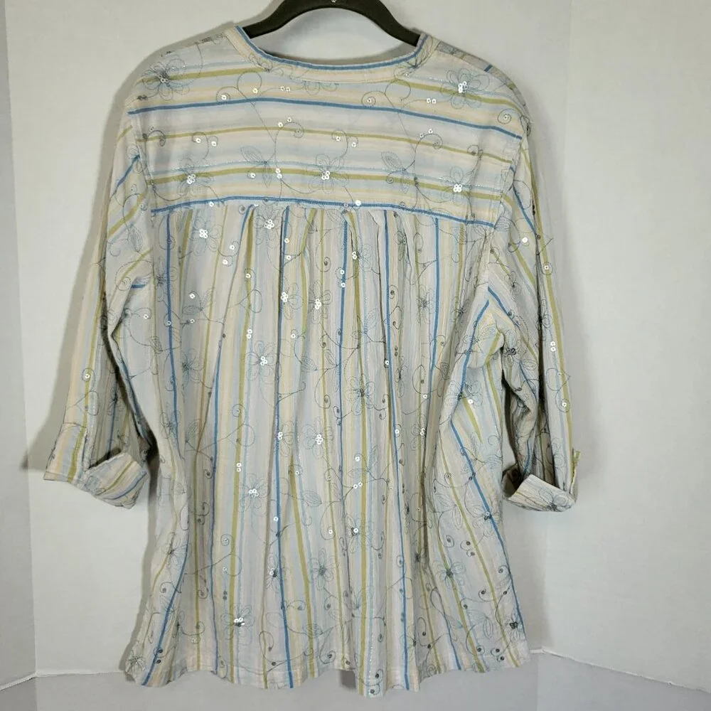 Susan Graver Style Women's Crinkled Cotton Front Button Top XL White/Yellow/Blue - Picture 6 of 10